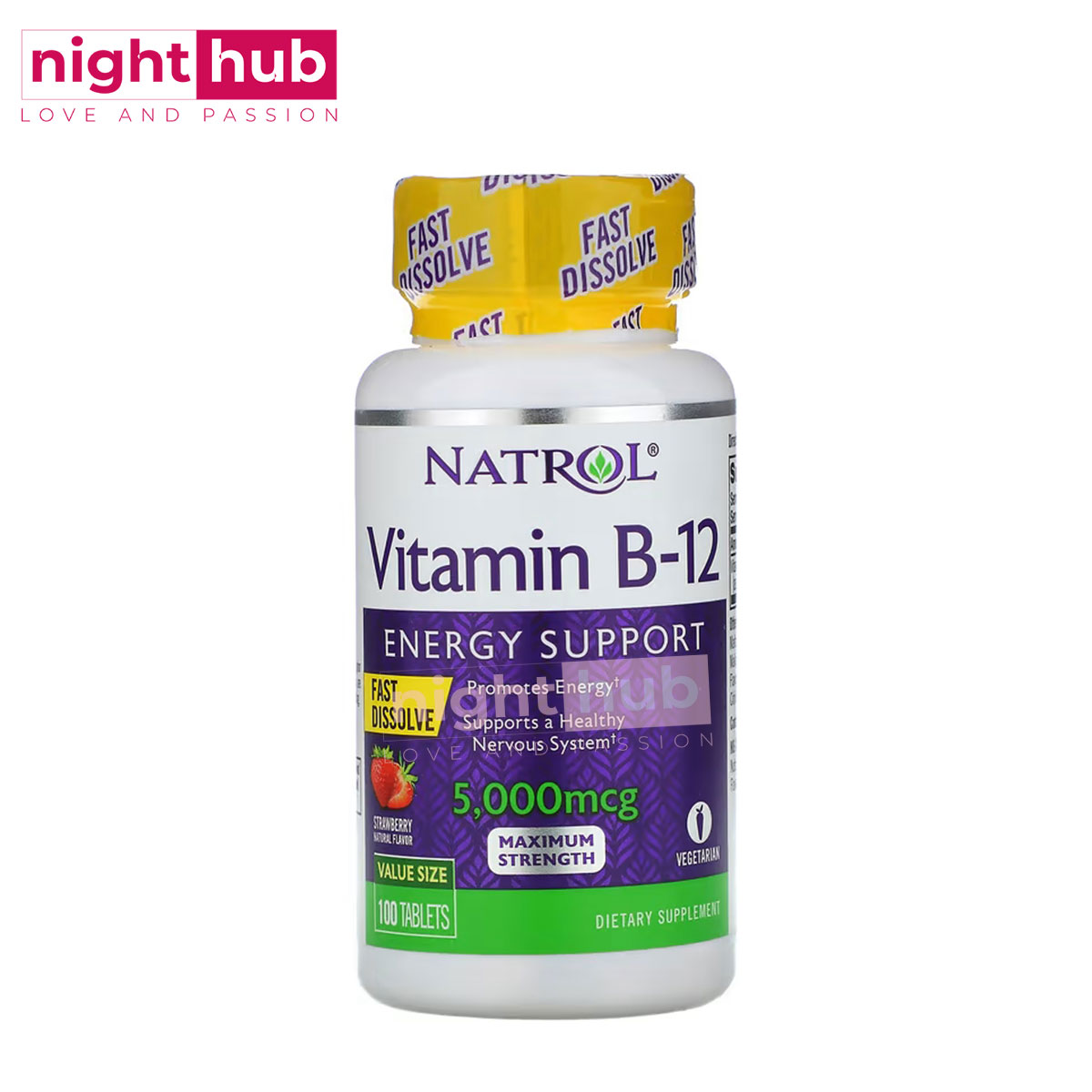 حبوب فيتامين ب12 بطعم الفراولة لتقوية الأعصاب Natrol b12 5000 مكجم 100 قرص 2 حبوب فيتامين ب12 بطعم الفراولة لتقوية الأعصاب Natrol b12 5000 مكجم 100 قرص