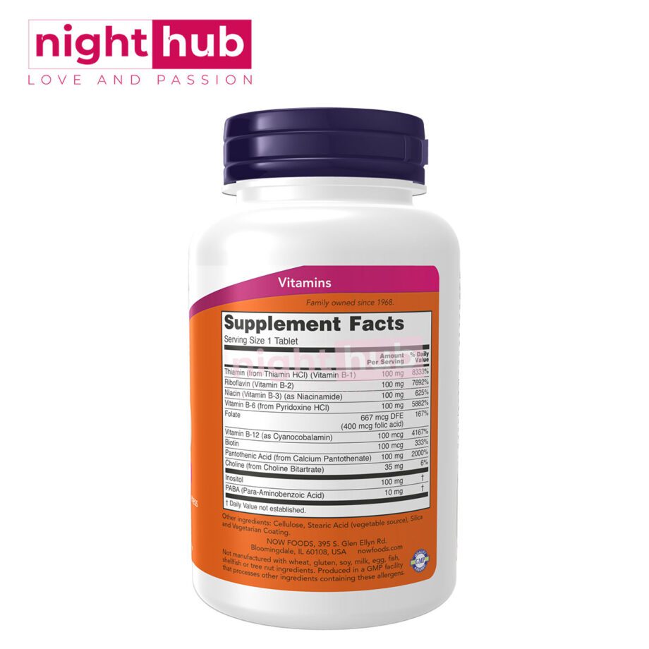 كبسولات ب100 فيتامين ب المركب لتحسين صحة الجهاز العصبي 100 قرص NOW Foods, Sustained Release B-100